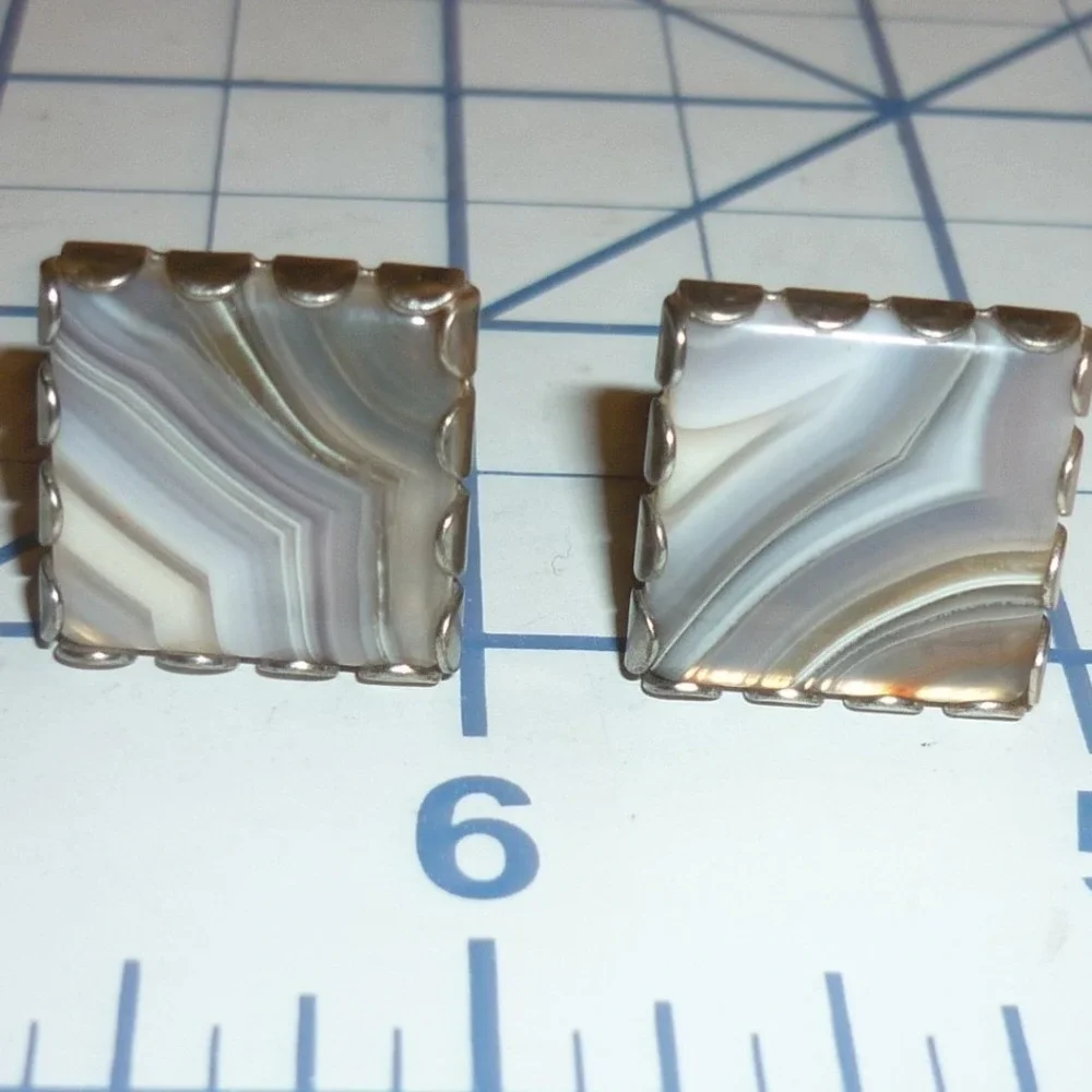 Vintage Swank Signed Banded Agate Square Cufflinks Pat Pend‎ Mid Century